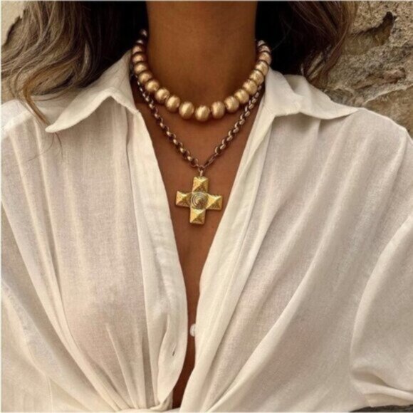 Vintage Inspired Punk Swirl Cross Pendant Chain Gold Necklace - Picture 4 of 5